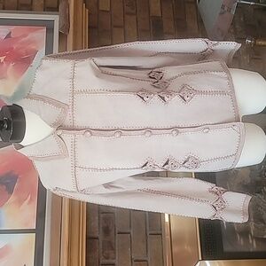 Suede crocheted panel cardigan or lightweight jacket tan beige cream